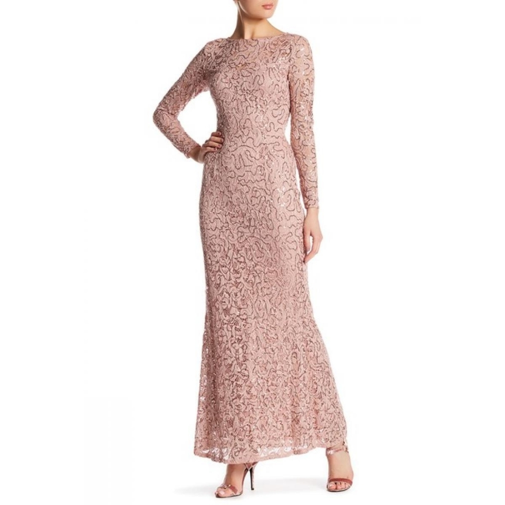Marina Sequin Evening Gown Blush Champagne Formal Dress Long Sleeve Maxi Medium